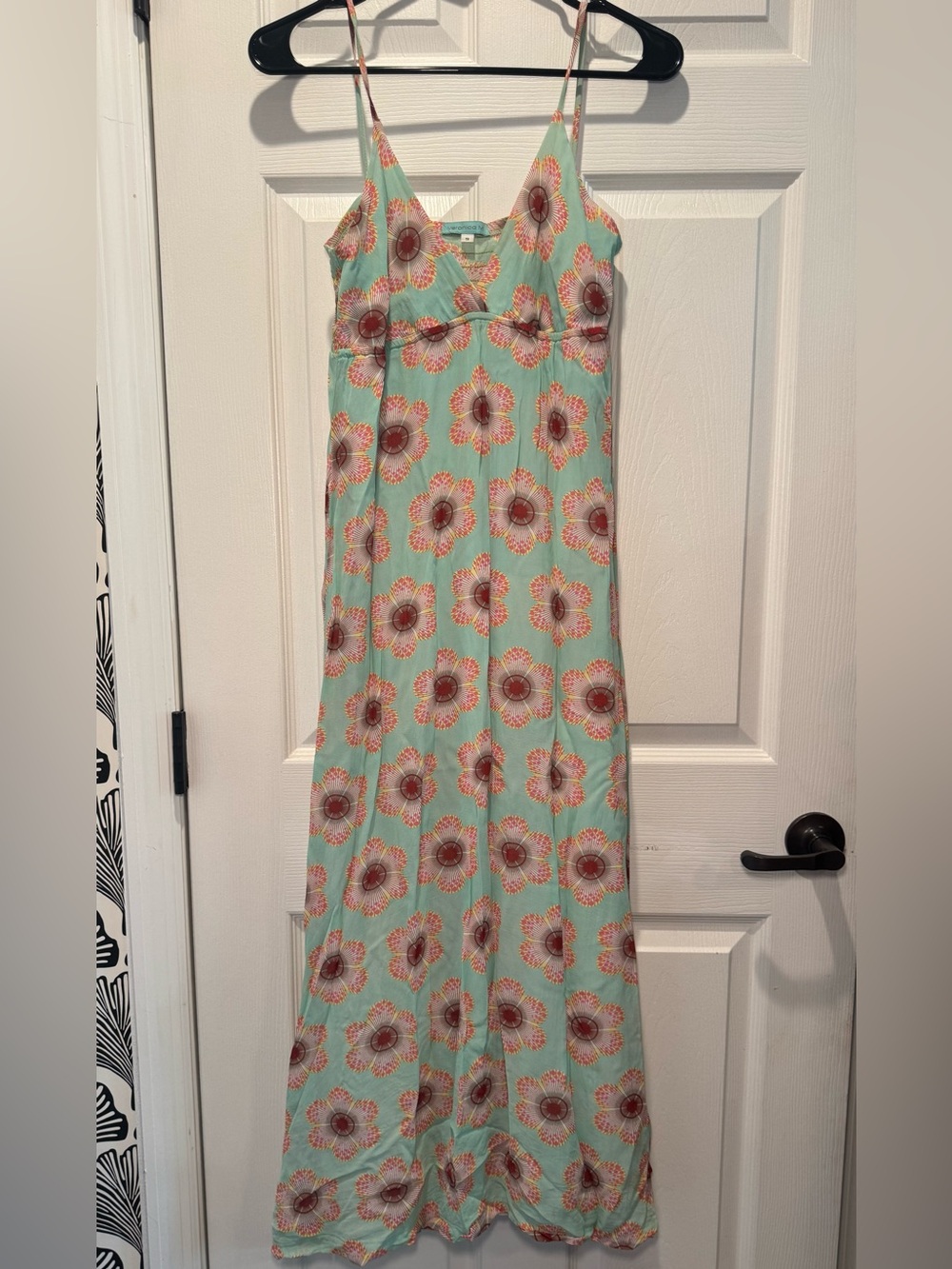 Women’s mint & pink retro groovy Floral Maxi Chiffon Slip Dress size small